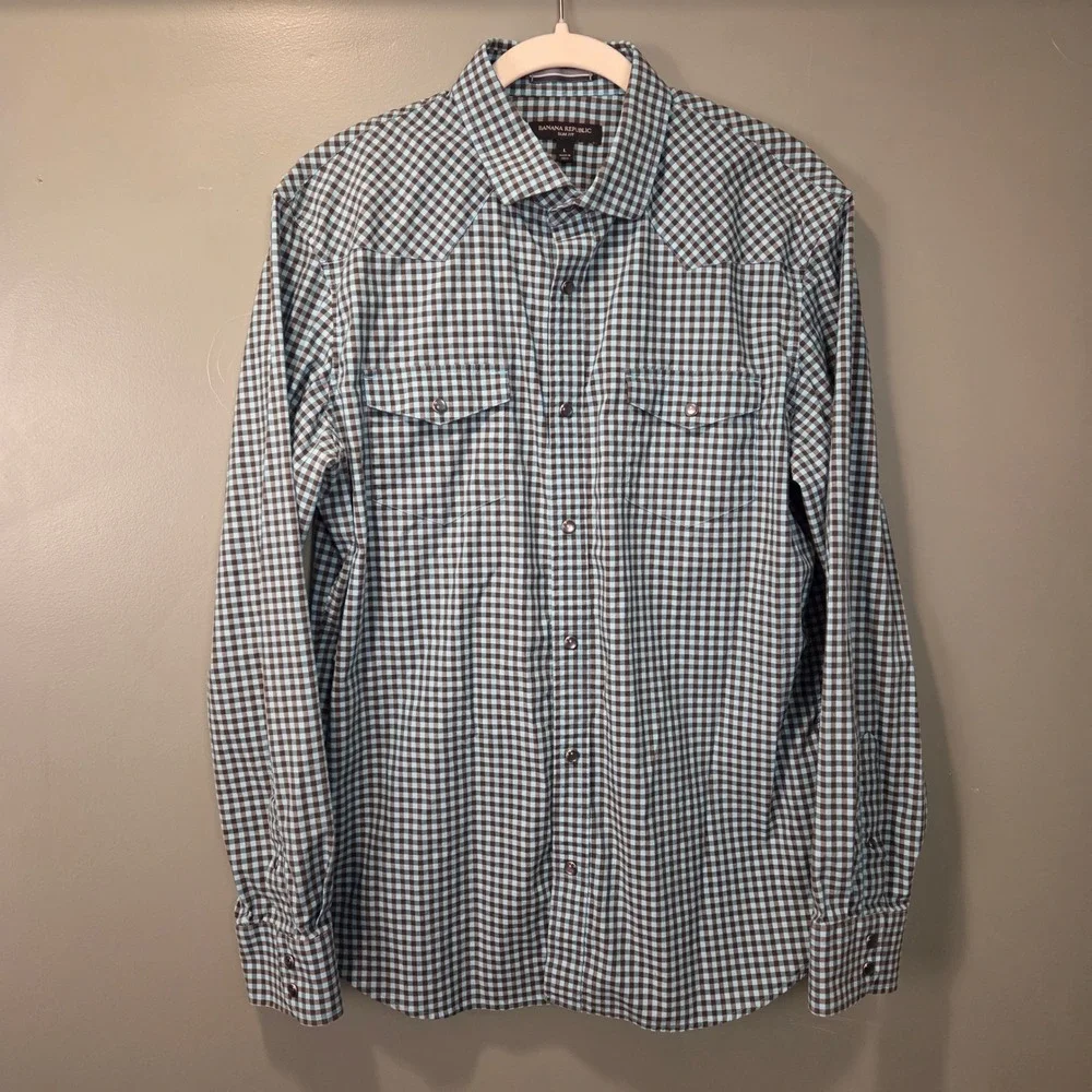 Banana Republic Men's Slim Fit Long Sleeve‎ Button Up Shirt Size L Gingham Blue